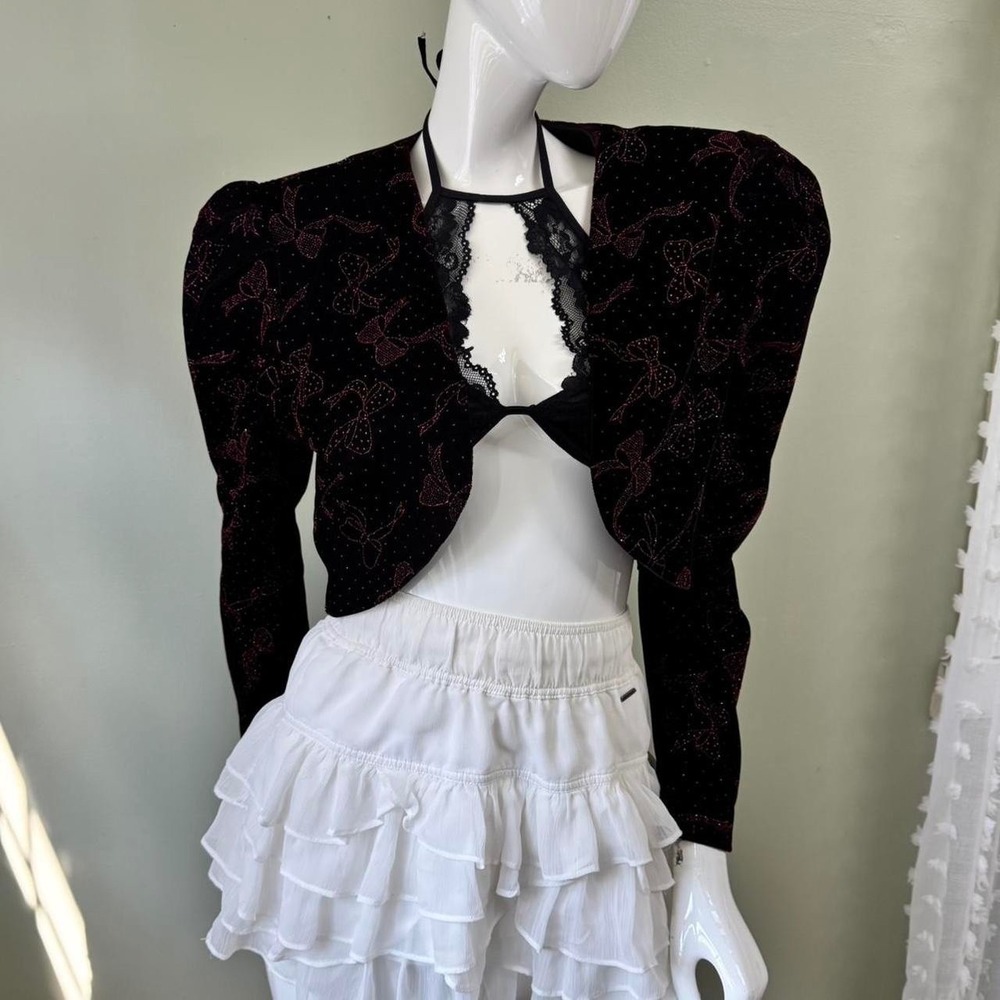 Vintage Scott McClintock Velvet Burgundy Bolero Jacket with Sparkly Bow Print –